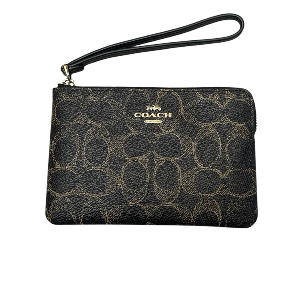 Coach Corner Zip Wristlet in Loved Signature Canvas Brown/Black New with tags